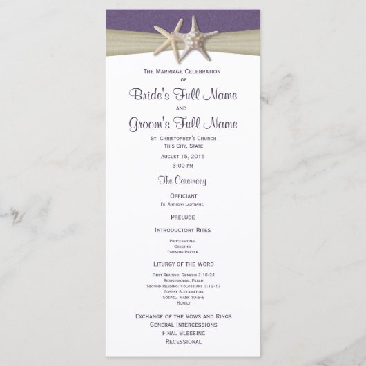 Starfish en Burlap Paarse strand huwelijksprogramm Programma (Voorkant)
