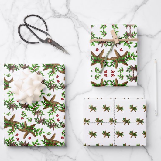 Starfish in Holly Tropical kerstpattern White Inpakpapier Vel (Voorkant)