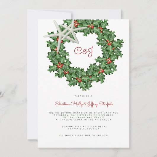 Starfish krans bruiloft op kerst uitnodiging (Voorkant)
