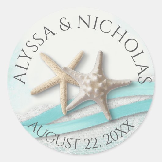 Starfish lint en kant turquoise bruiloft ronde sticker (Voorkant)