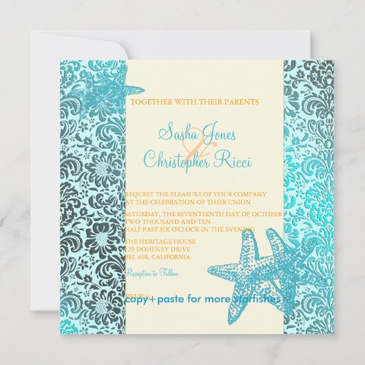 Starfish + mariage damassé Invitations (Dos)