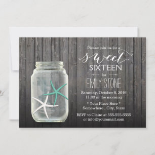 Starfish & Mason Jar Wood Background Sweet 16 Kaart