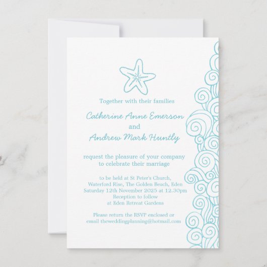 Starfish mer tourbillon bleu plage invitation mari (Dos)