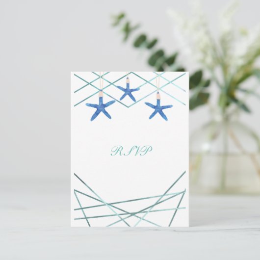 Starfish & Modern Line Elegant Beach Wedding RSVP Uitnodiging Briefkaart (Staand voorkant)