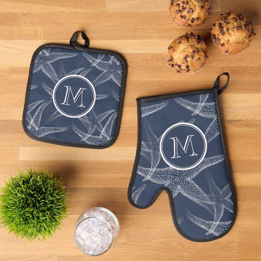 Starfish Navy Blauw Monogram Strand Potholder Set