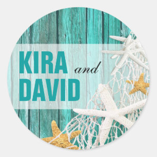 Starfish Netting Beach Hout Favor   Aqua Ronde Sticker