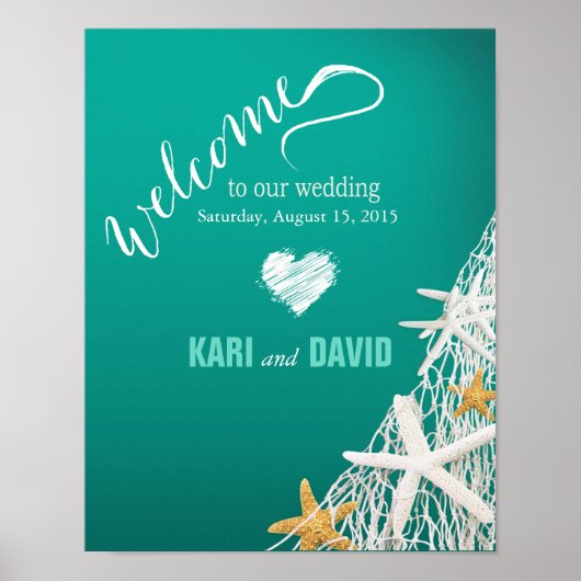 Starfish Netting Beach Wedding Welcome Sign aqua Poster (Voorkant)