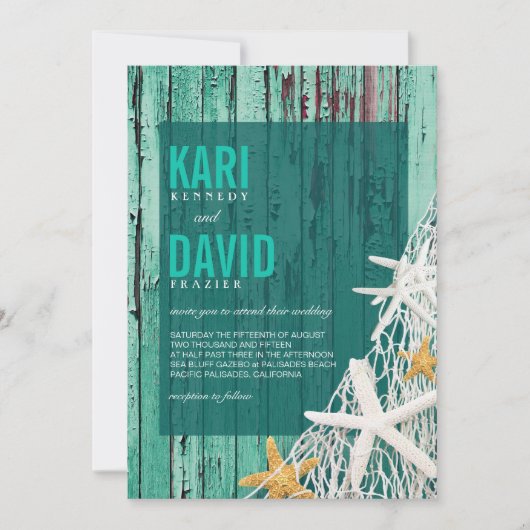 Starfish Netting Beach Wood Wedding | aqua Kaart (Voorkant)