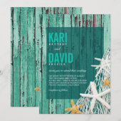 Starfish Netting Beach Wood Wedding | aqua Kaart (Voorkant / Achterkant)
