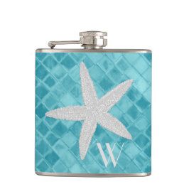Starfish on Aqua Zee Glass Monogram Heupfles