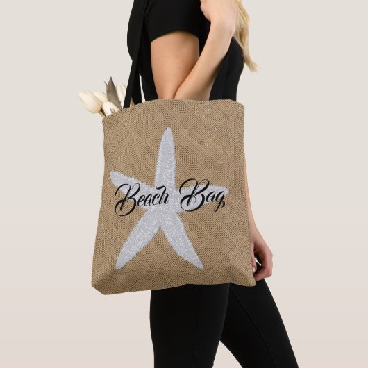 Starfish on Burlap Pattern Jouw tekst Tote Bag (Dichtbij)