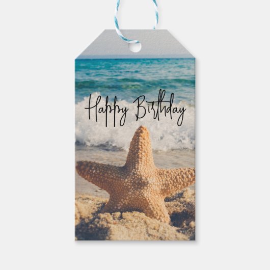 Starfish op een strand foto van Sandy Birthday Cadeaulabel (Voorkant)