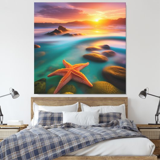 Starfish op strand op Dawn Canvas Afdruk (Insitu (Slaapkamer))