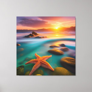 Starfish op strand op Dawn Canvas Afdruk