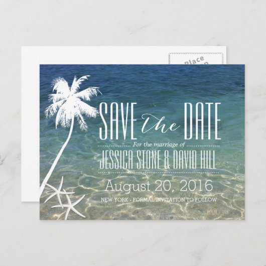 Starfish & Palm Tree Beach Weddenschap Save the Da Aankondigingskaart (Voorkant / Achterkant)
