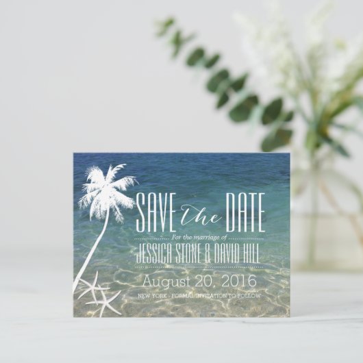 Starfish & Palm Tree Beach Weddenschap Save the Da Aankondigingskaart (Staand voorkant)