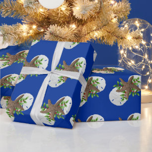 Starfish Sand Dollars Festive Blue Kerstmis Cadeaupapier