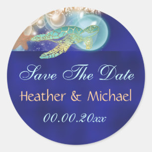 Starfish schildpad bruiloft bewaar de datum ronde sticker