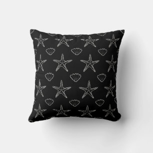 Starfish Seashell Sketch Pattern on Black Kussen
