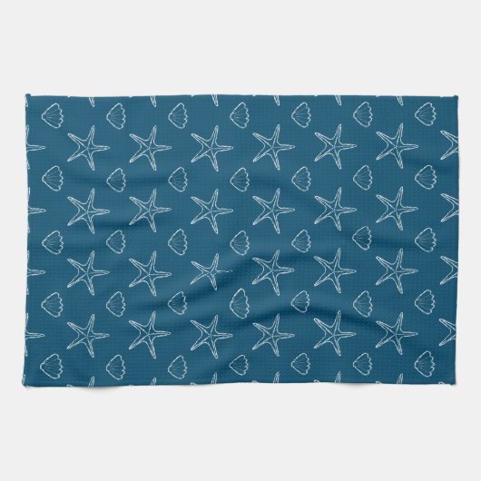 Starfish Seashell Sketch Pattern on Ocean Blue Theedoek (Horizontaal)