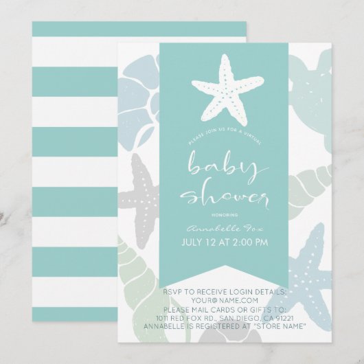 Starfish & Seashells Turquoise Virtual Baby shower Kaart (Voorkant / Achterkant)