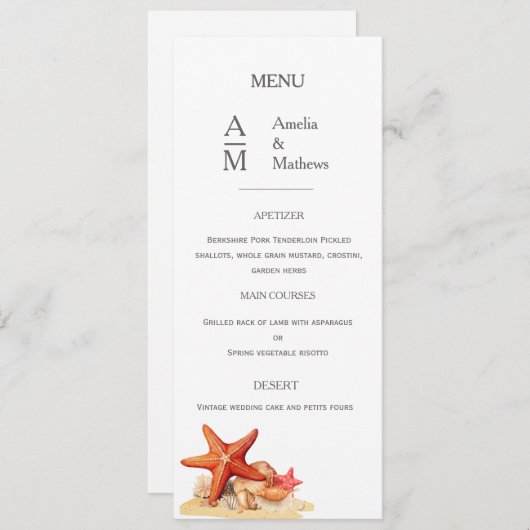 Starfish shells plage mariage nautique Plat Menu (Devant / Derrière)