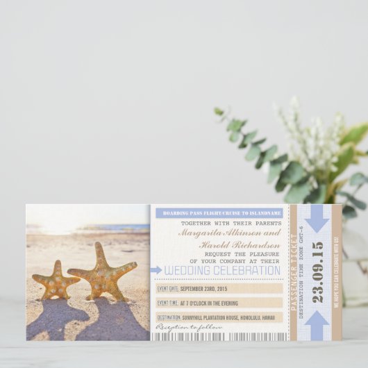 Starfish strand boarding pass bruiloft uitnodiging (Staand voorkant)