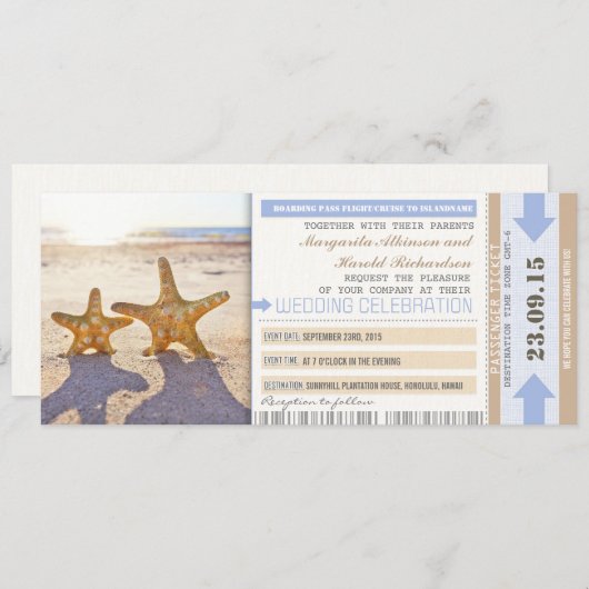 Starfish strand boarding pass bruiloft uitnodiging (Voorkant / Achterkant)