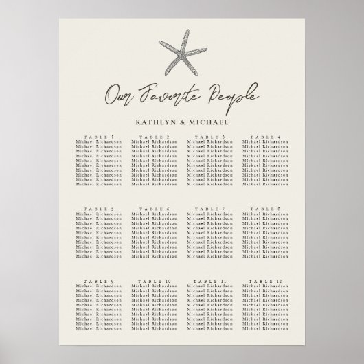 Starfish strand bruiloft 12 tafel zitkaarten poster (Voorkant)