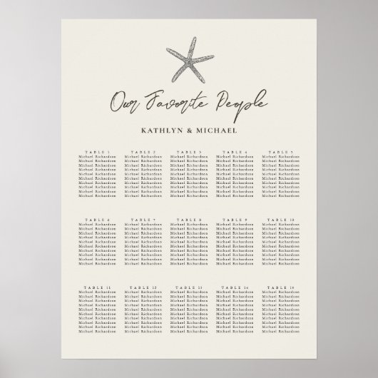 Starfish strand bruiloft 15 tafel zitkaarten poster (Voorkant)