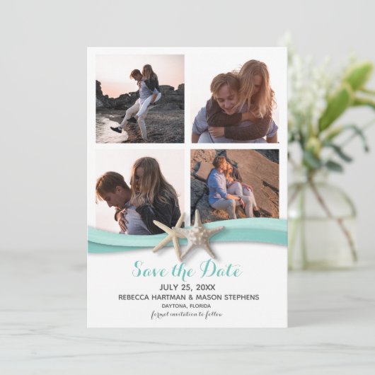 Starfish strand bruiloft Multi Foto Save The Date (Staand voorkant)