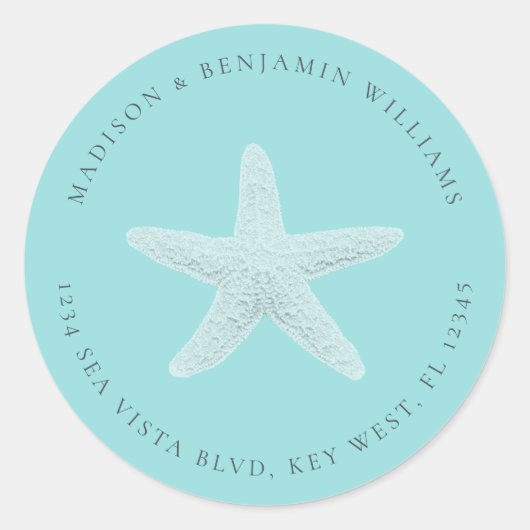 Starfish strand familie retouradres blauw klassiek ronde sticker (Voorkant)