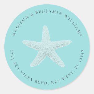 Starfish strand familie retouradres blauw klassiek ronde sticker