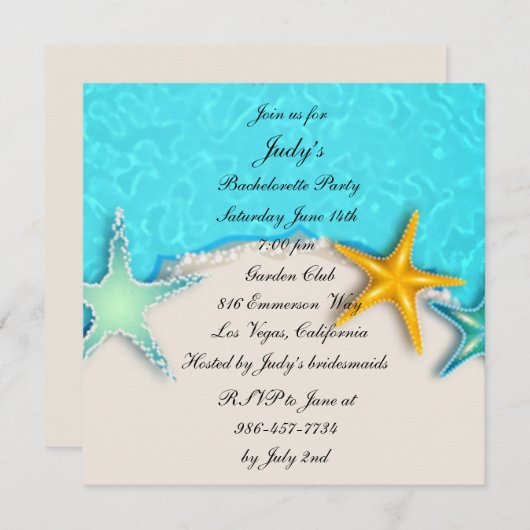 Starfish Summer Beach Bachelorette Invitation (Devant / Derrière)