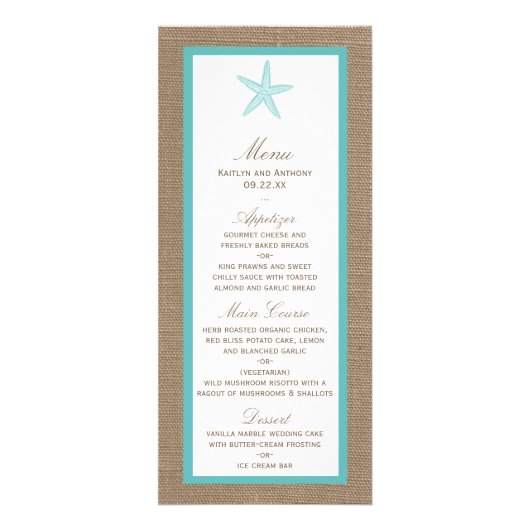 Starfish Turquoise Burlap Beach Wedding Menu (Devant)