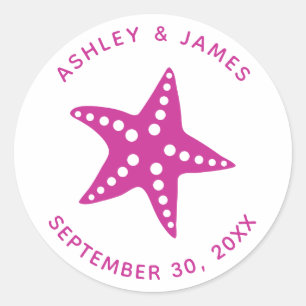 Starfish Wedding Stickers, Beach Theme Label, roze Ronde Sticker