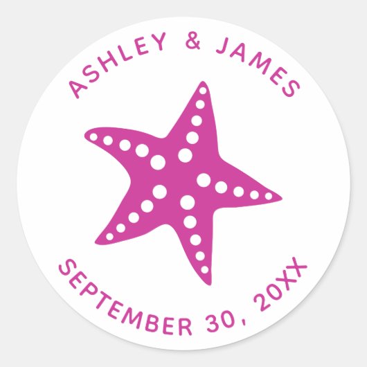Starfish Wedding Stickers, Beach Theme Label, roze Ronde Sticker (Voorkant)