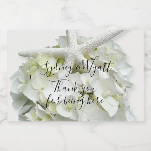 Starfish White Hydrangea Flowers Dank je huwelijk Sparkling Wijnetiket (Enkel label)