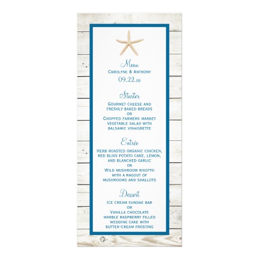 Starfish Whitewashed Wood Beach Wedding Menu (Devant)