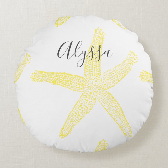 Starfish Yellow Grey Beach Name Text Sjabloon Cool Rond Kussen (Voorkant)