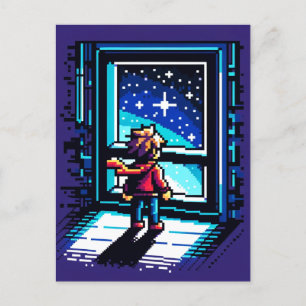 Stargazer bij het raam Dromerige Pixel Art Night S Briefkaart