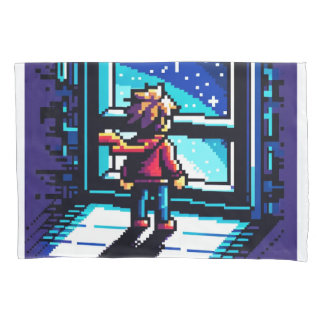 Stargazer bij het raam Dromerige Pixel Art Night S Kussensloop
