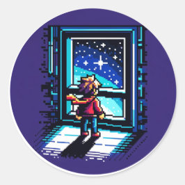 Stargazer bij het raam Dromerige Pixel Art Night S Ronde Sticker