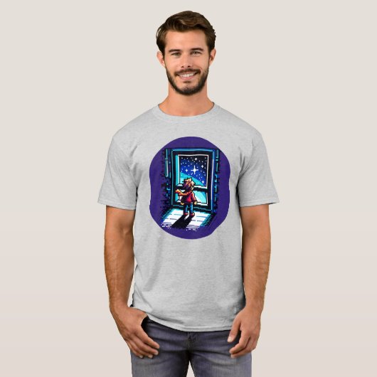 Stargazer bij het raam Dromerige Pixel Art Night S T-shirt (Voorkant volledig)