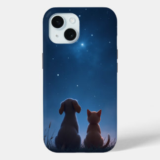Stargazing Puppy & Kitten iPhone 15 Hoesje