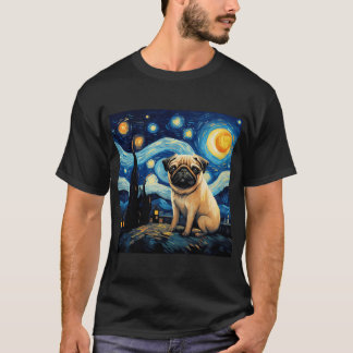 Starnacht Pug Van gogh geïnspireerde hondenschilde T-shirt