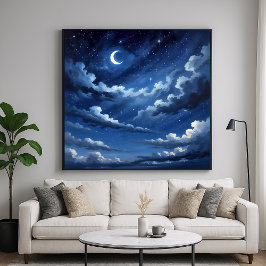 Starry Crescent Sky Poster - Illustratiestijl
