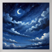 Starry Crescent Sky Poster - Illustratiestijl (Voorkant)