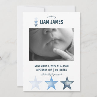Starry Gingham Baby Boy Birth Announcement Card Aankondiging