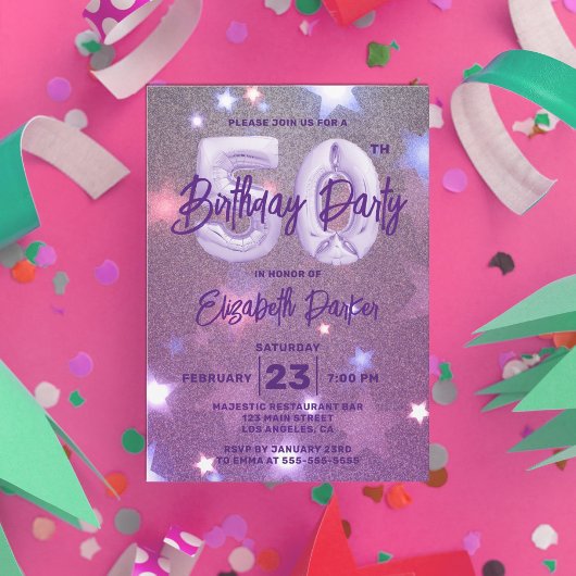 Starry Glittery Magenta 50th Birthday Invitation Kaart